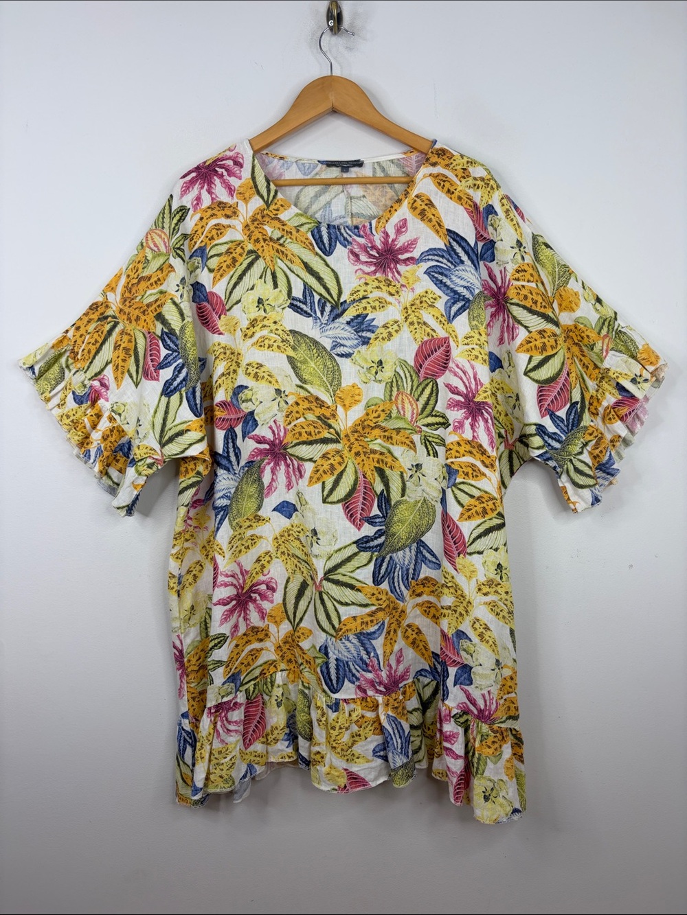 Linen Dress Womens Large Orange Blue Floral Short Sleeve Ruffle Mini Long Tunic
